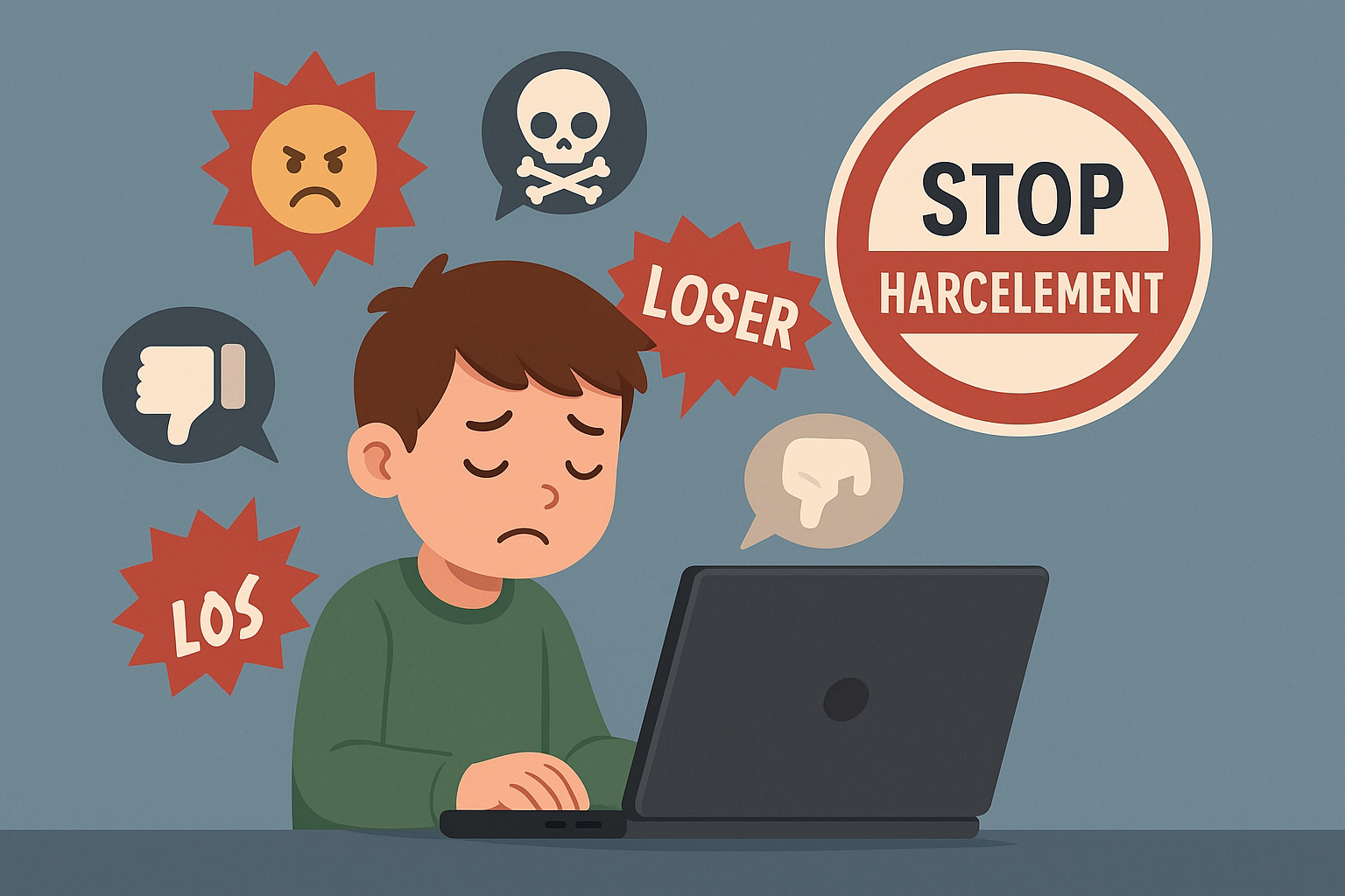 Illustration du cyberharcèlement : un enfant confronté à des insultes en ligne, rappelant l’importance de protéger les plus jeunes.